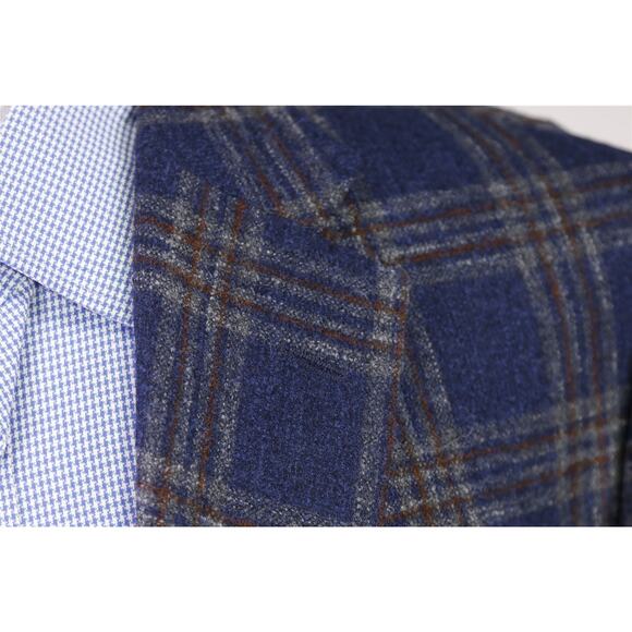 Samuelsohn Blue Brown Plaid Wool Knit Plaid Windowpane Patch Pocket Blazer 48L - Picture 5 of 11